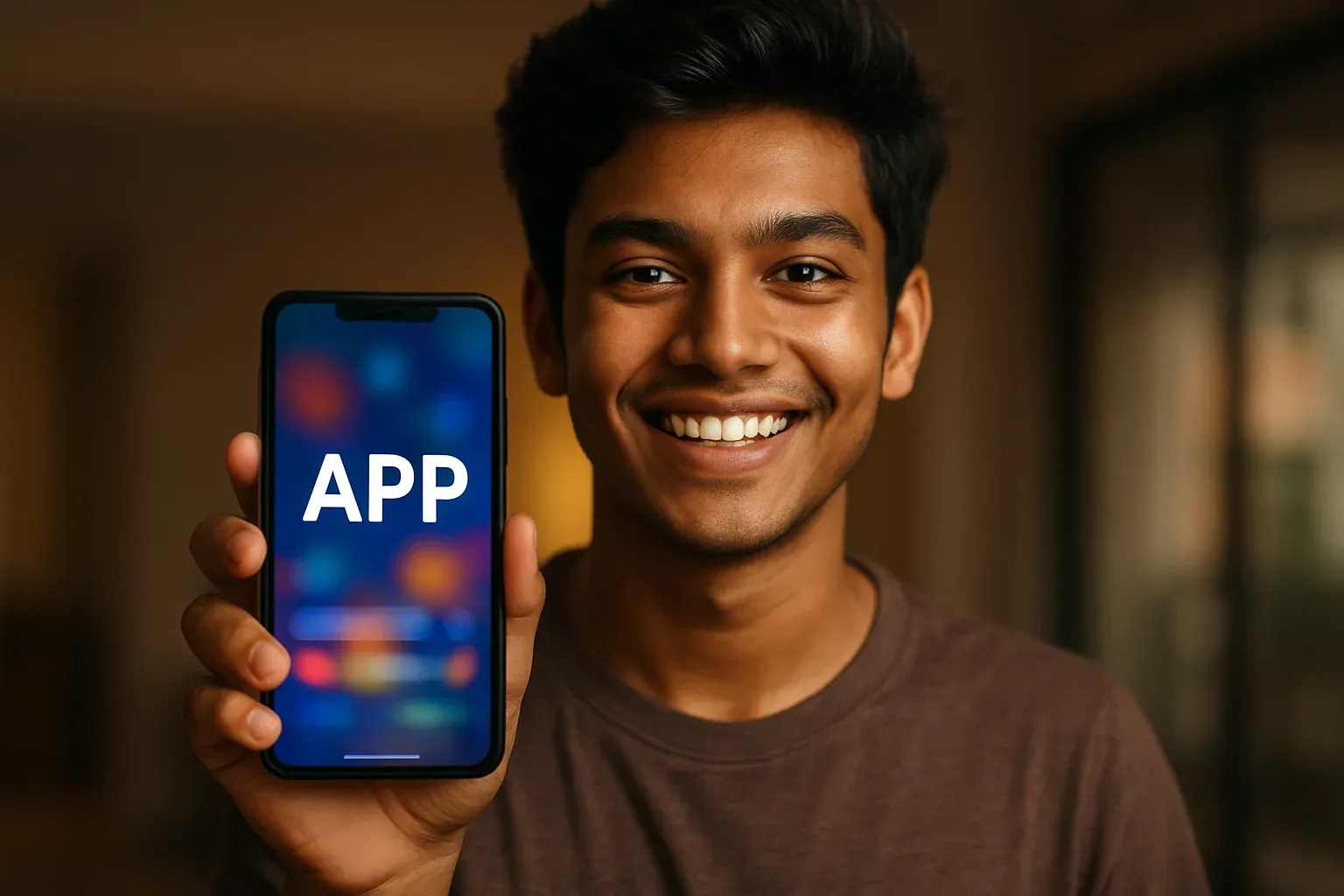 Young Bangladeshi man smiling while showing colorful gaming app smartphone screen