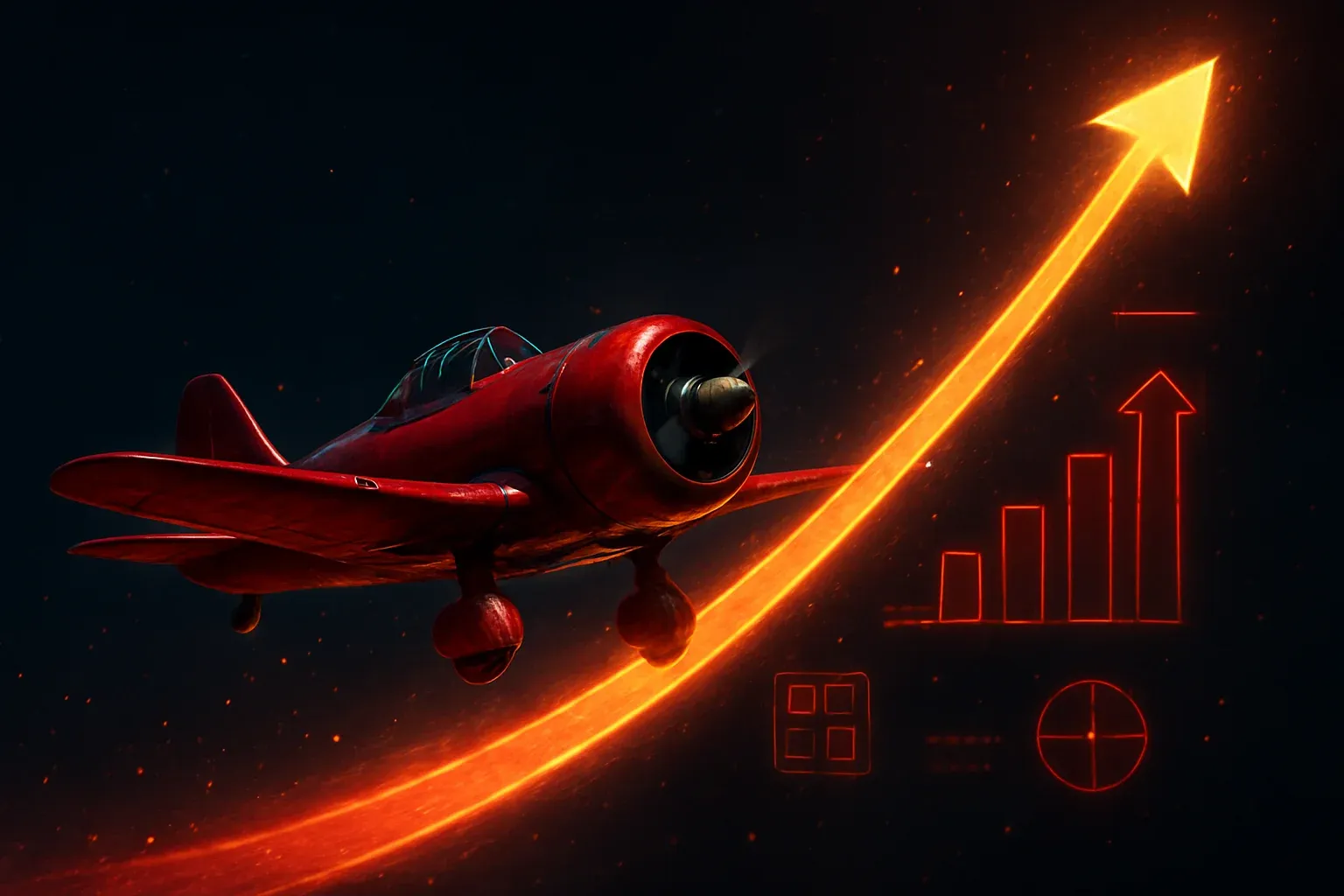 Hyperrealistic red aviator plane soaring upward with glowing multiplier trail