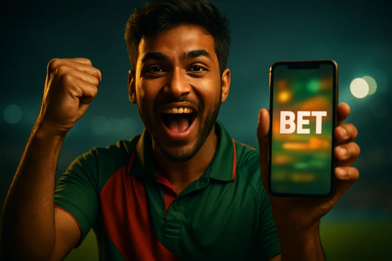 Young Bangladeshi man cheering with smartphone showing sports betting interface