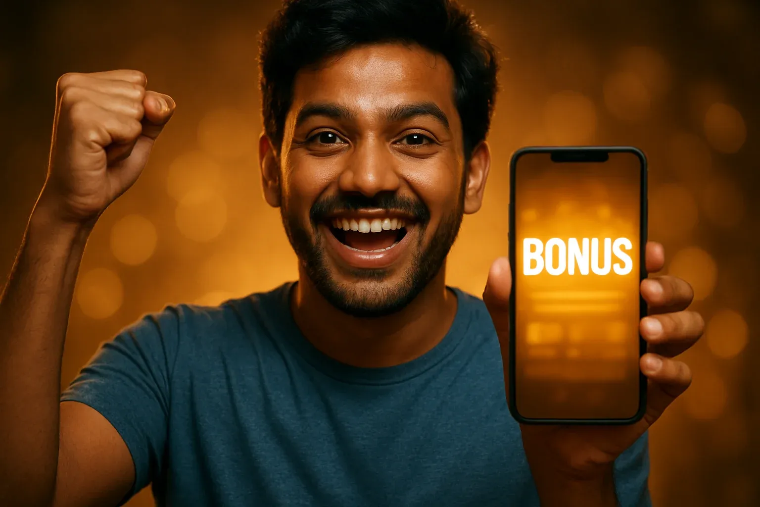 Joyful Bangladesh man holding smartphone showing BONUS reward interface