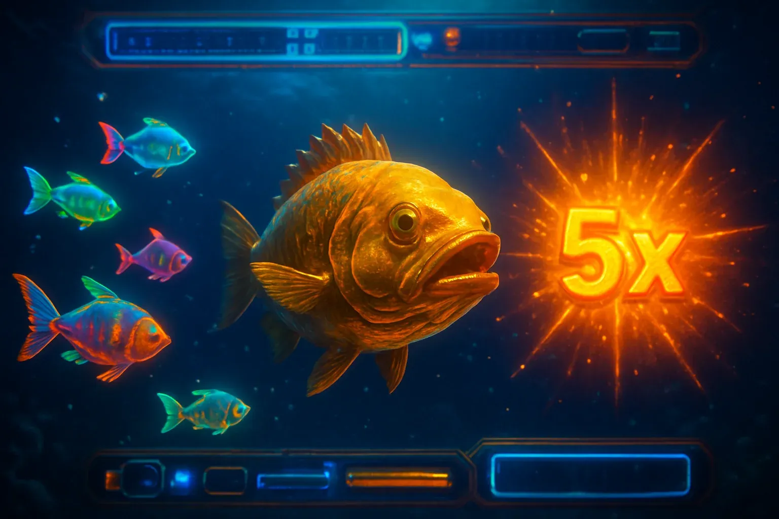 Glowing tropical fish and golden boss fish with bright multiplier bursts