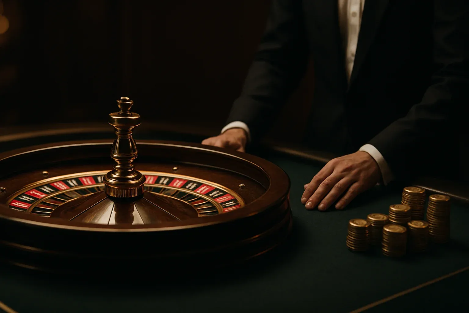 Elegant live casino roulette table with dealer hands and golden chips
