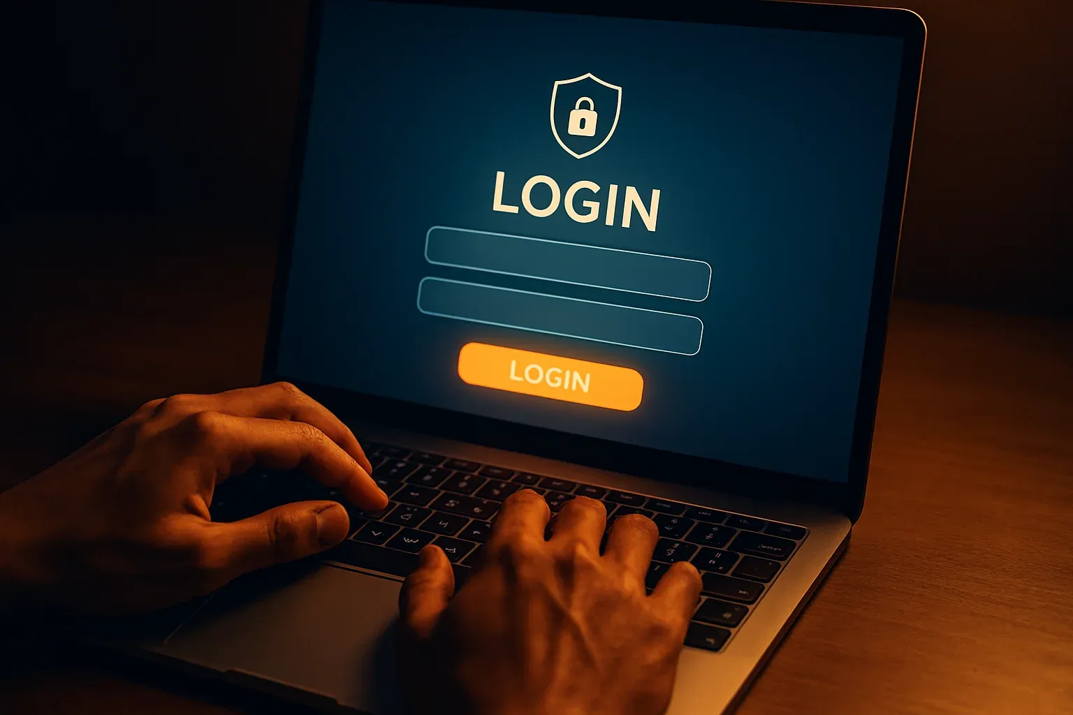 Young Bangladeshi man's hands on laptop showing LOGIN screen