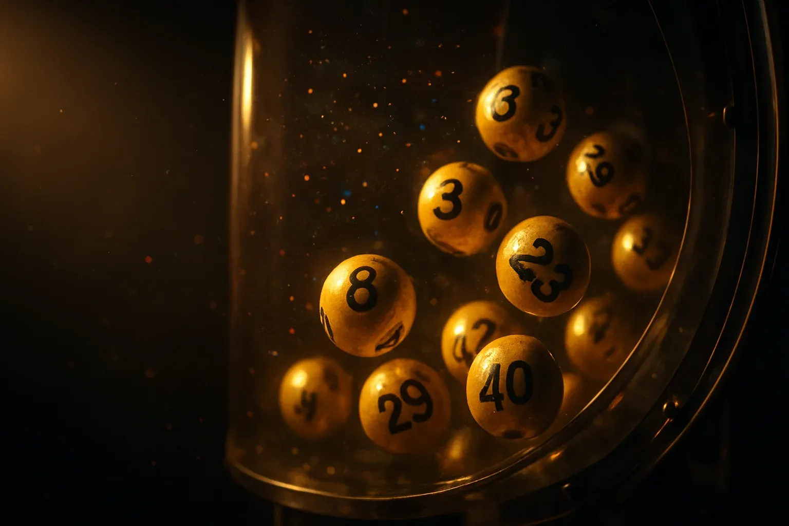 Glowing golden lottery balls tumbling inside transparent draw machine