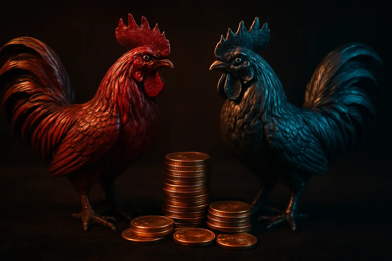 Decorative fighting rooster statuettes with casino chips on dark velvet